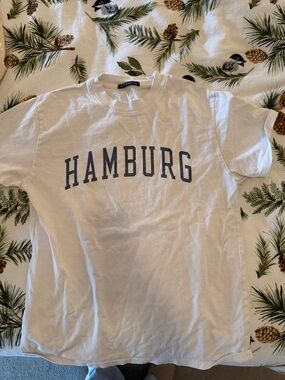 Brandy Melville White "Hamburg" Graphic Tee with Navy Lettering
